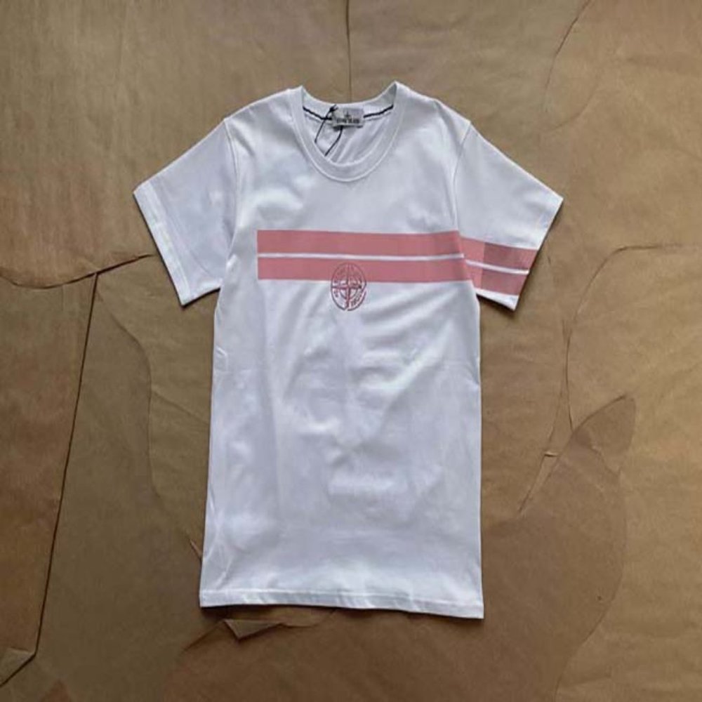 Stone Island Pink Stripe Printed White Short Sleeve